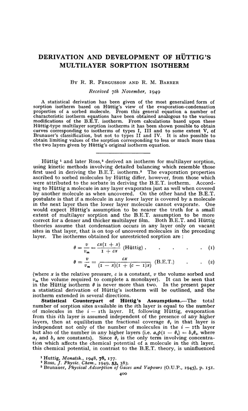 Derivation and development of Hüttig's multilayer sorption isotherm