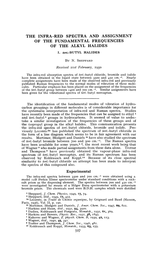 The infra-red spectra and assignment of the fundamental frequencies of the alkyl halides. I. tert.-butyl halides