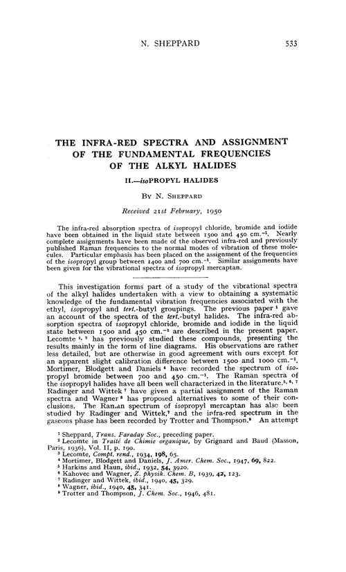 The infra-red spectra and assignment of the fundamental frequencies of the alkyl halides. II.—isopropyl halides