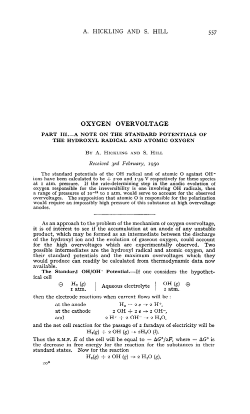 Oxygen overvoltage. Part III.—A note on the standard potentials of the hydroxyl radical and atomic oxygen