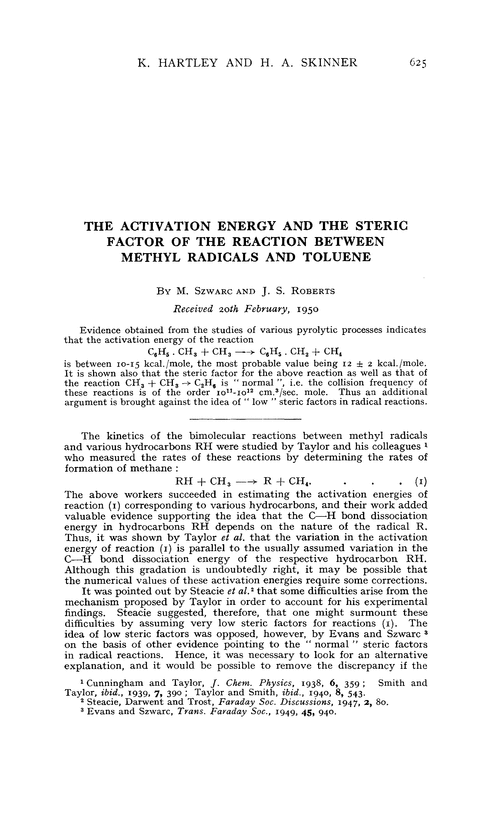 The activation energy and the steric factor of the reaction between methyl radicals and toluene