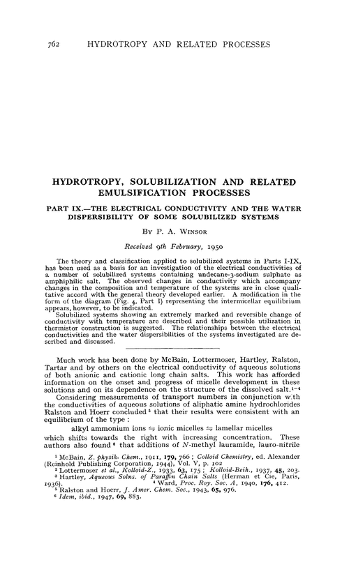 Hydrotropy, solubilization and related emulsification processes. Part IX.—The electrical conductivity and the water dispersibility of some solubilized systems