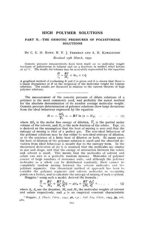 High polymer solutions. Part II.—The osmotic pressures of polystyrene solutions