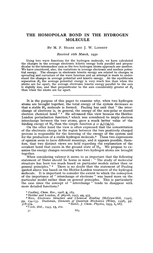 The homopolar bond in the hydrogen molecule