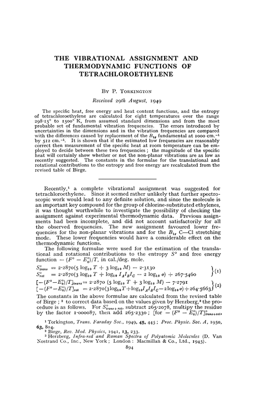 The vibrational assignment and thermodynamic functions of tetrachloroethylene