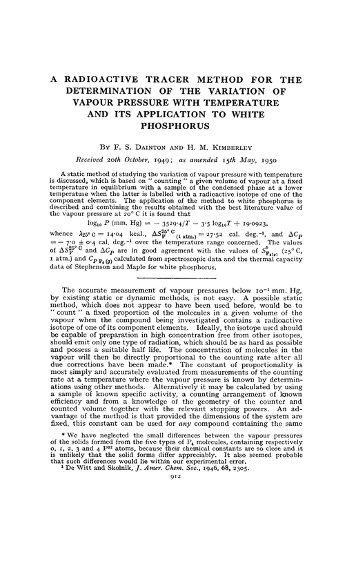 A radioactive tracer method for the determination of the variation of vapour pressure with temperature and its application to White Phosphorus