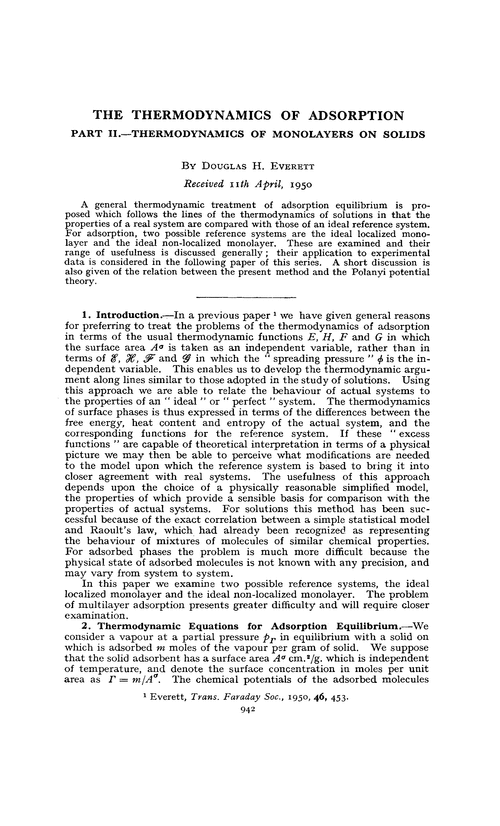 The thermodynamics of adsorption. Part II.—Thermodynamics of monolayers on solids