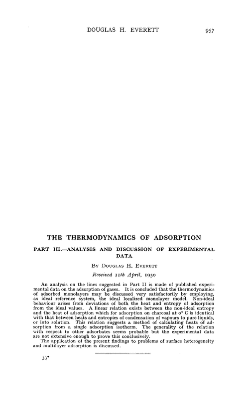 The thermodynamics of adsorption. Part III.—Analysis and discussion of experimental data