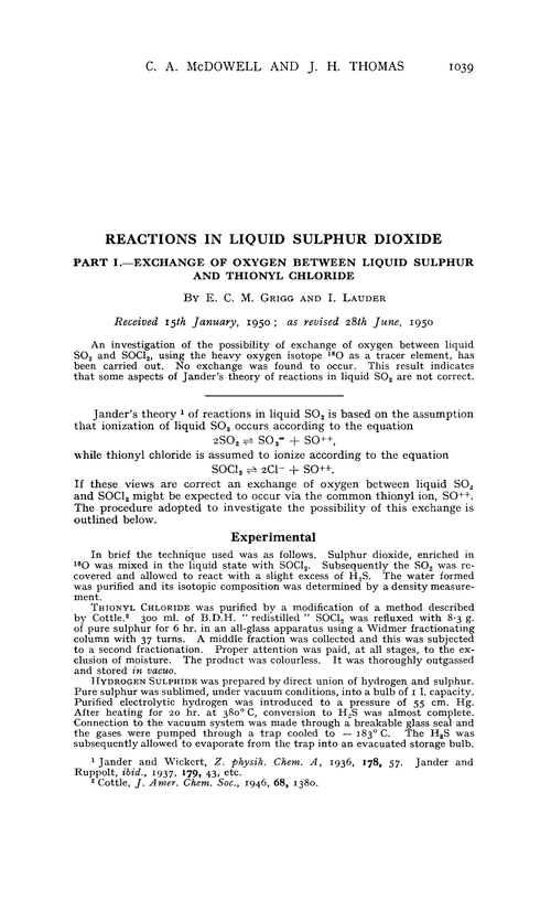 Reactions in liquid sulphur dioxide. Part I.—Exchange of oxygen between liquid sulphur and thionyl chloride