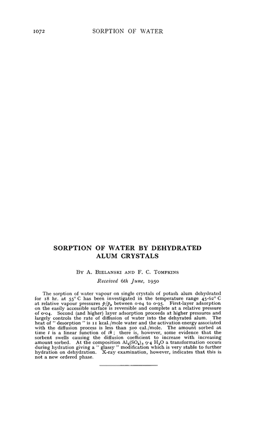 Sorption of water by dehydrated alum crystals