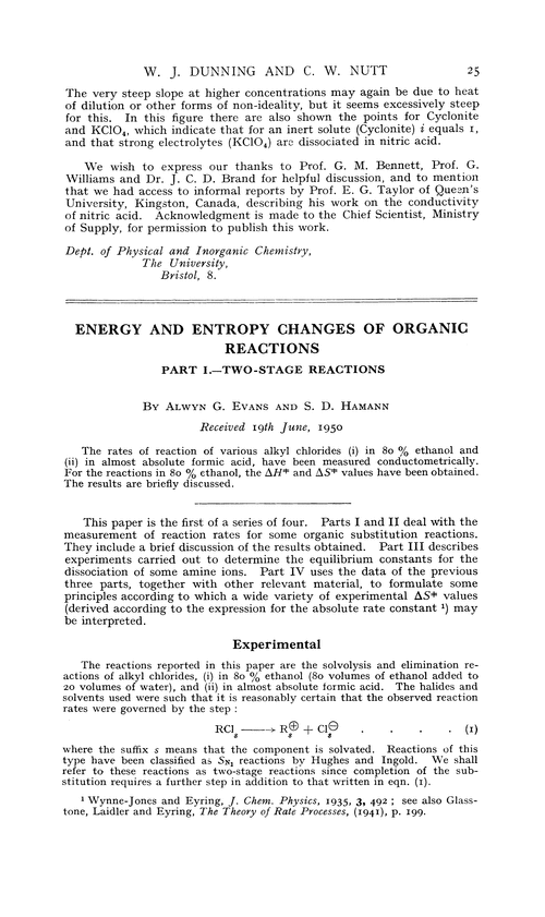 Energy and entropy changes of organic reactions. Part I.—Two-stage reactions