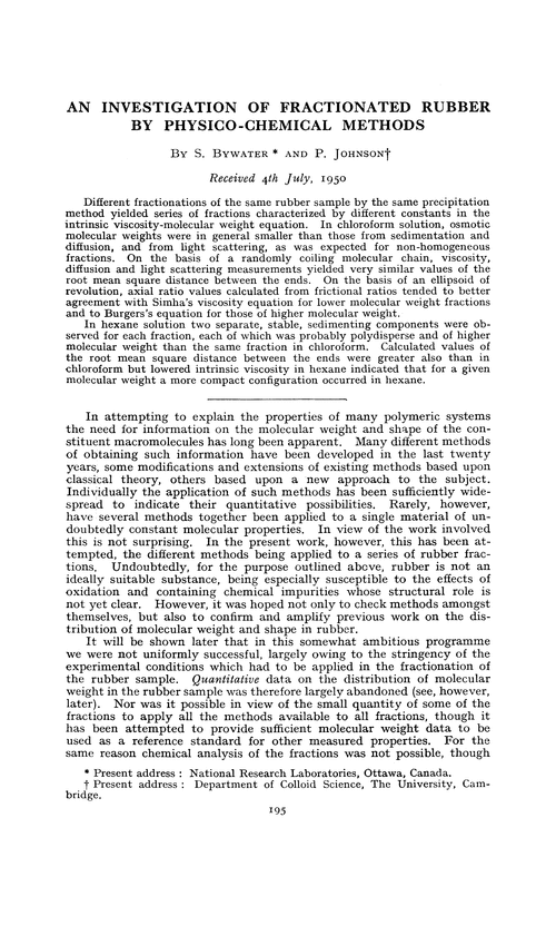An investigation of fractionated rubber by physico-chemical methods