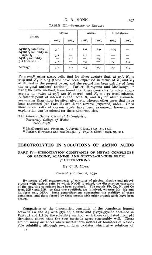 Electrolytes in solutions of amino acids. Part IV.—Dissociation constants of metal complexes of glycine, alanine and glycyl-glycine from pH titrations