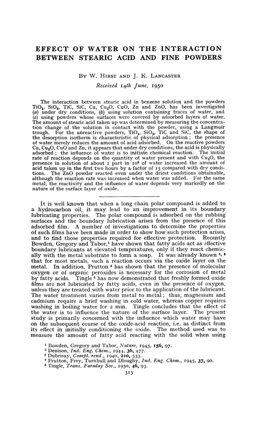 Effect of water on the interaction between stearic acid and fine powders