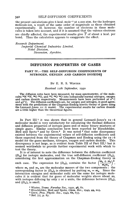 Diffusion properties of gases. Part IV.—The self-diffusion coefficients of  nitrogen, oxygen and carbon dioxide - Transactions of the Faraday Society  (RSC Publishing)