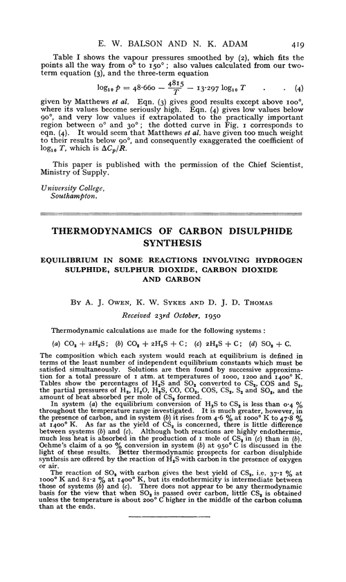 Thermodynamics of carbon disulphide synthesis. Equilibrium in some reactions involving hydrogen sulphide, sulphur dioxide, carbon dioxide and carbon