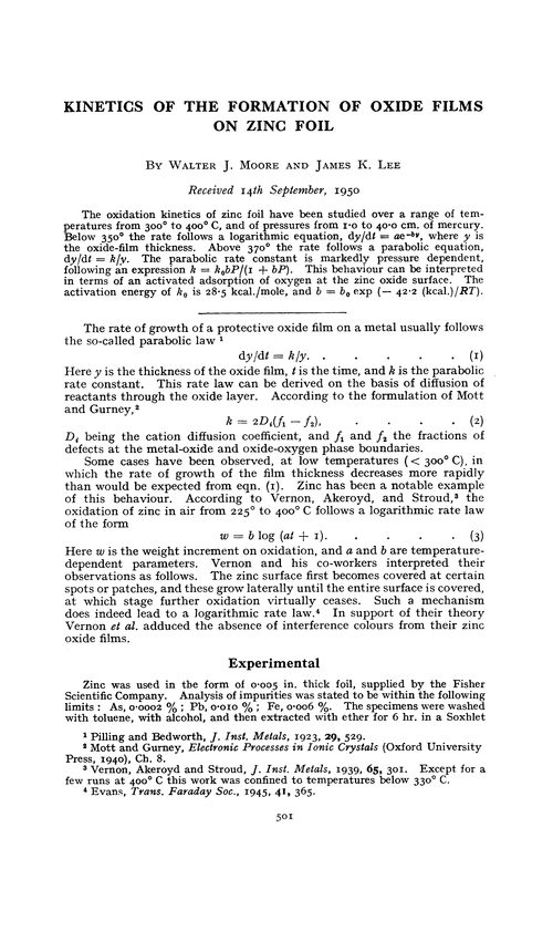 Kinetics of the formation of oxide films on zinc foil