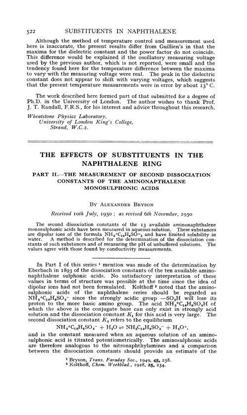 The effects of substituents in the naphthalene ring. Part II.—The measurement of second dissociation constants of the aminonapthalene monosulphonic acids