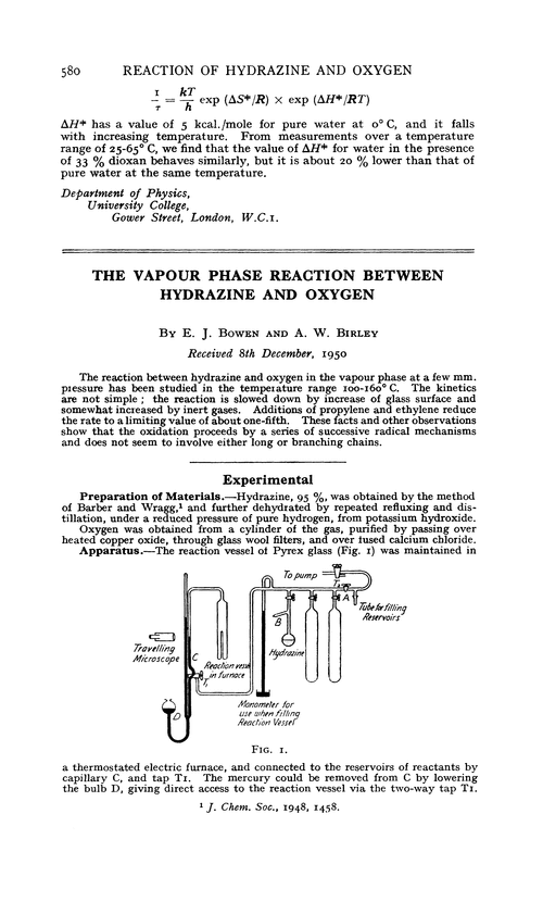 The vapour phase reaction between hydrazine and oxygen