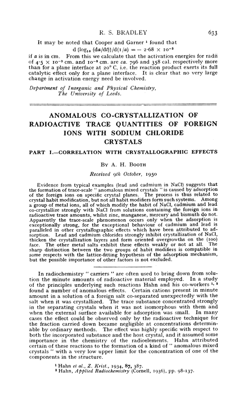 Anomalous co-crystallization of radioactive trace quantities of foreign ions with sodium chloride crystals. Part I.—Correlation with crystallographic effects