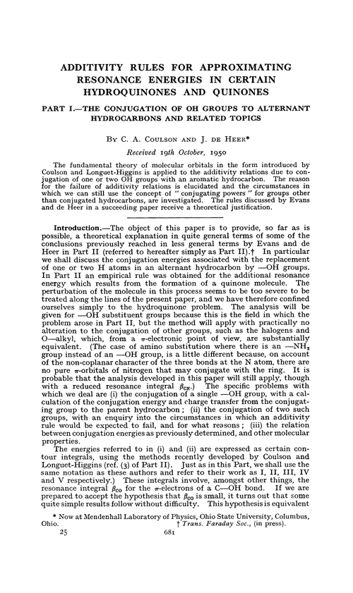 Additivity rules for approximating resonance energies in certain hydroquinones and quinones. Part I.—The conjugation of OH groups to alternant hydrocarbons and related topics