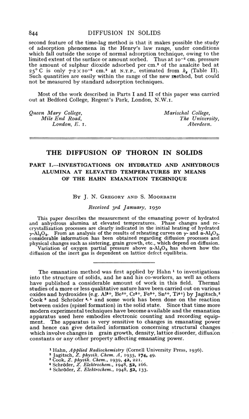The diffusion of thoron in solids. Part I.—Investigations on hydrated and anhydrous alumina at elevated temperatures by means of the Hahn emanation technique
