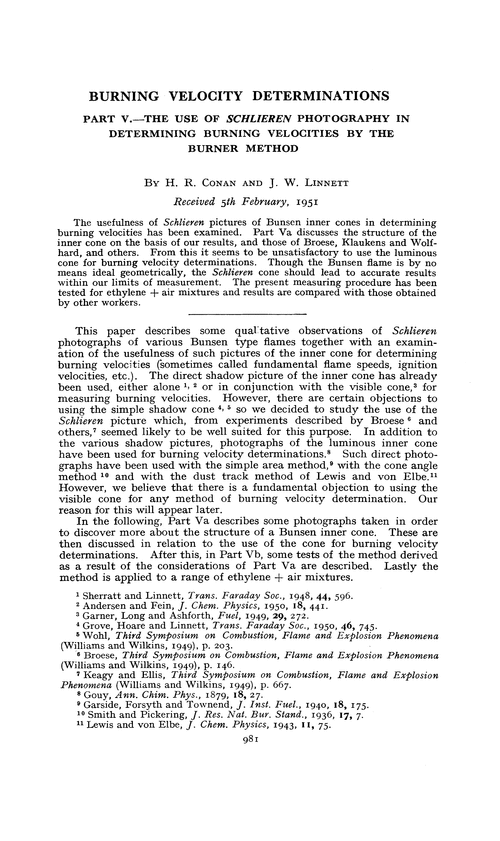 Burning velocity determinations. Part V.—The use of Schlieren photography in determining burning velocities by the burner method