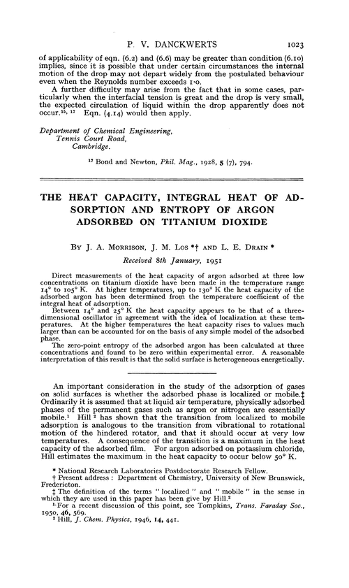 The heat capacity, integral heat of adsorption and entropy of argon adsorbed on titanium dioxide
