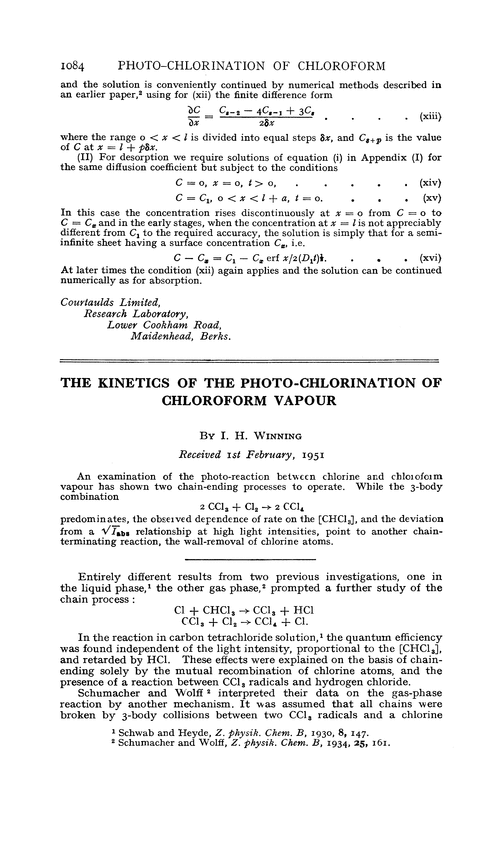 The kinetics of the photo-chlorination of chloroform vapour