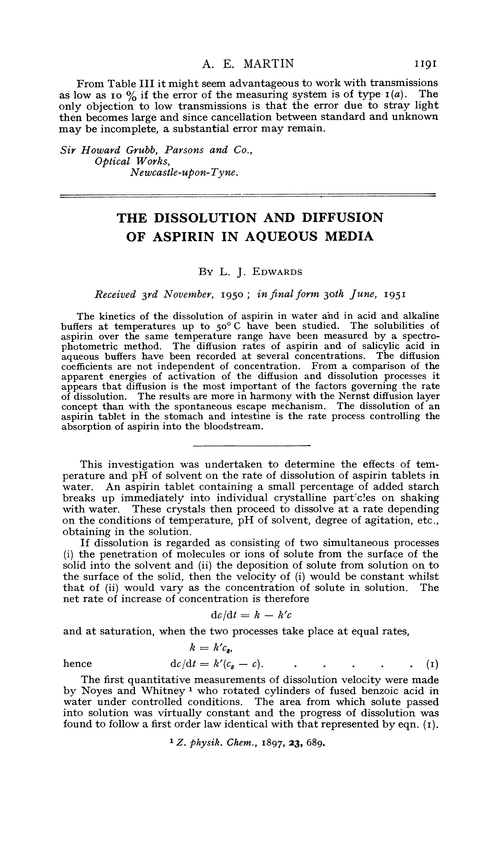 The Dissolution And Diffusion Of Aspirin In Aqueous Media Transactions Of The Faraday Society Rsc Publishing
