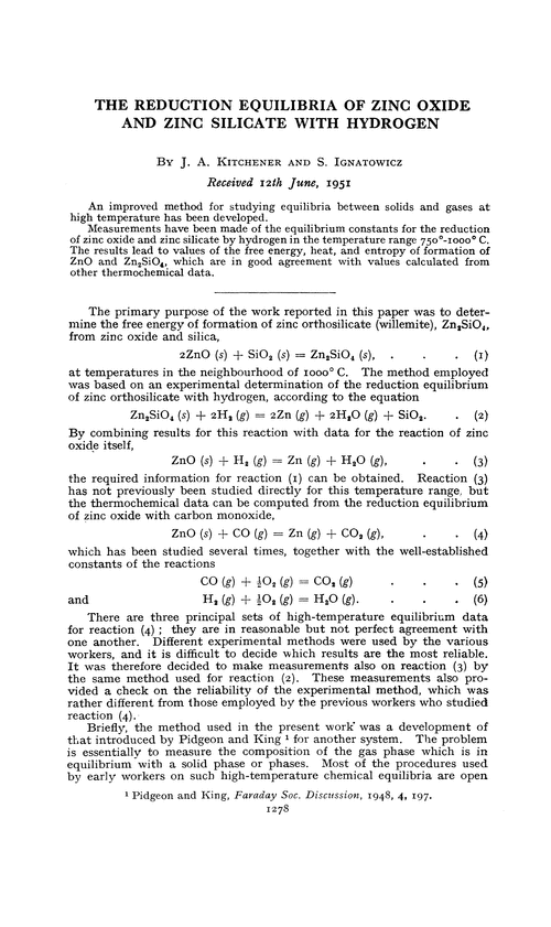 The reduction equilibria of zinc oxide and zinc silicate with hydrogen