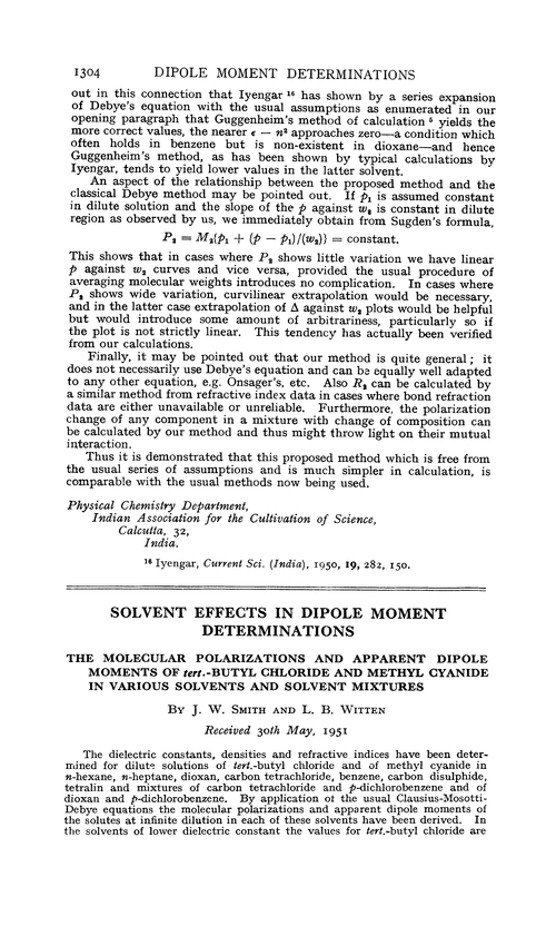 Solvent effects in dipole moment determinations. The molecular polarizations and apparent dipole moments of tert.-butyl chloride and methyl cyanide in various solvents and solvent mixtures