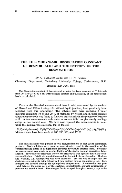 The thermodynamic dissociation constant of benzoic acid and the entropy of the benzoate ion