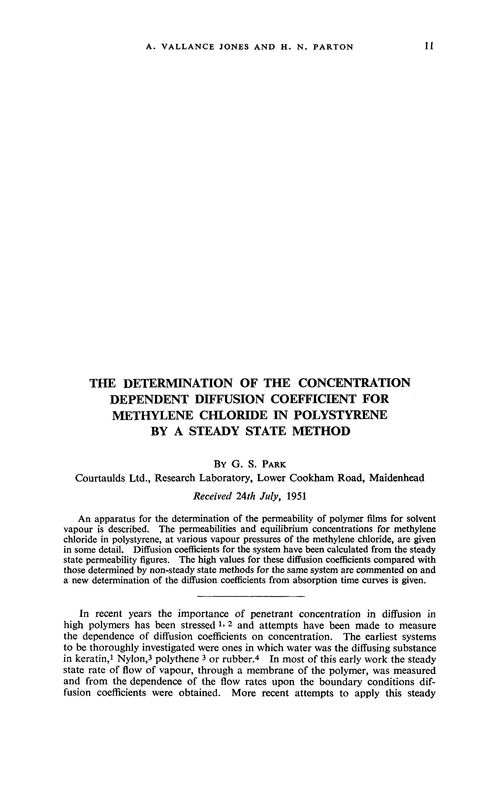 The determination of the concentration dependent diffusion coefficient for methylene chloride in polystyrene by a steady state method