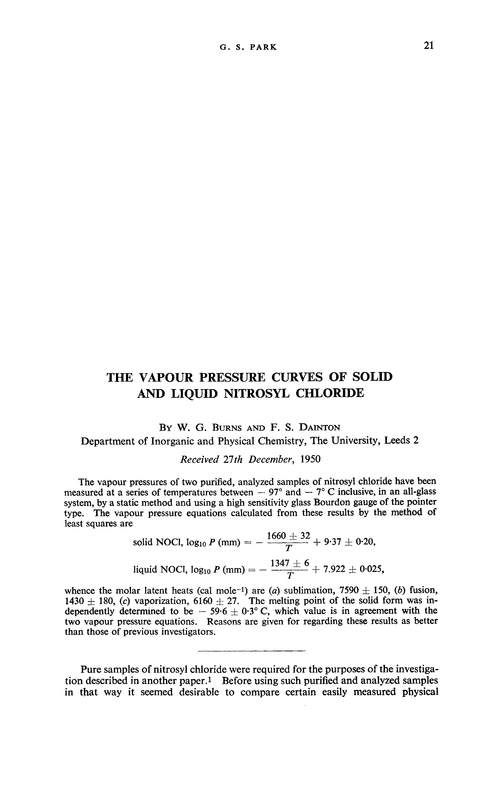 The vapour pressure curves of solid and liquid nitrosyl chloride