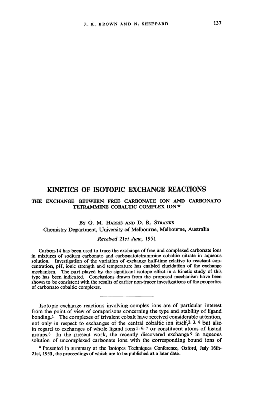 Kinetics of isotopic exchange reactions. The exchange between free carbonate ion and carbonato tetrammine cobaltic complex ion