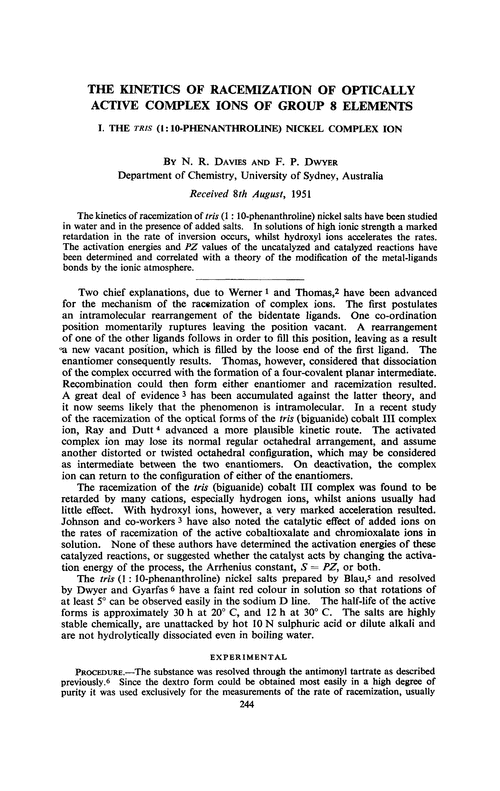 The kinetics of racemization of optically active complex ions of group 8 elements. I. The tris(1:10-phenanthroline) nickel complex ion