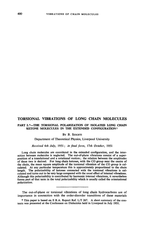 Torsional vibrations of long chain molecules. Part 2.—The torsional polarization of isolated long chain ketone molecules in the extended configuration