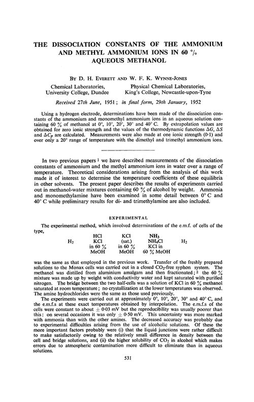 The dissociation constants of the ammonium and methyl ammonium ions in 60 % aqueous methanol