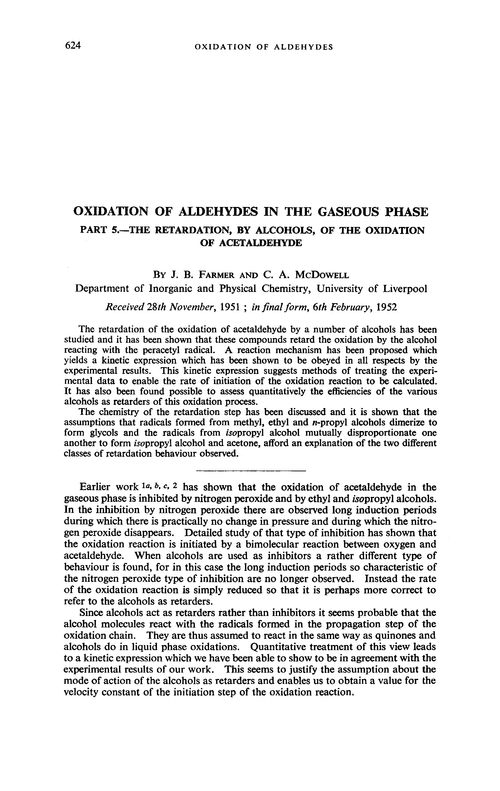 Oxidation of aldehydes in the gaseous phase. Part 5.—The retardation, by alcohols, of the oxidation of acetaldehyde