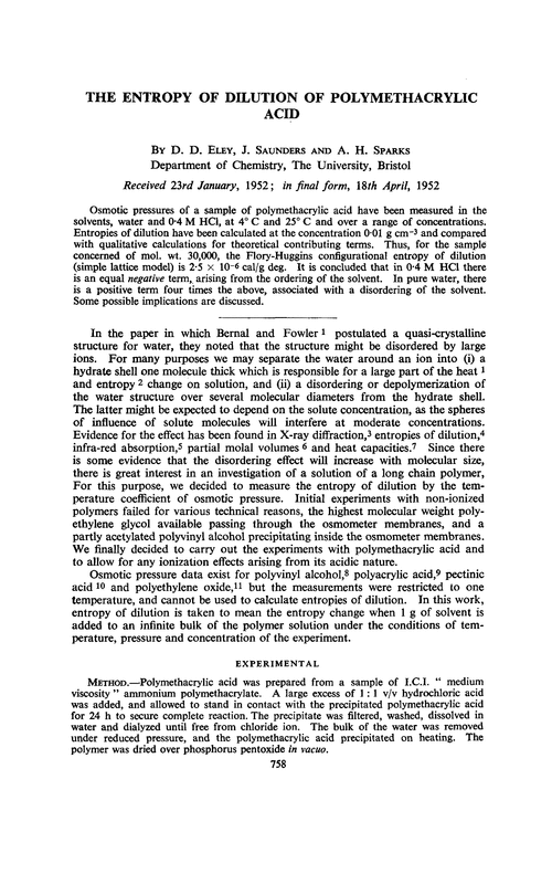 The entropy of dilution of polymethacrylic acid