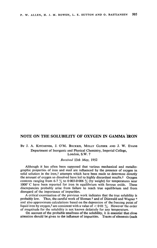 Note on the solubility of oxygen in gamma iron