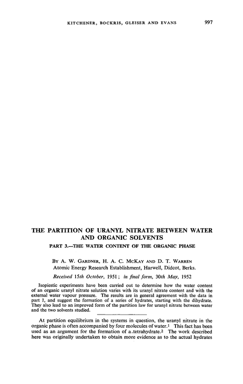 The partition of uranyl nitrate between water and organic solvents. Part 3.—The water content of the organic phase