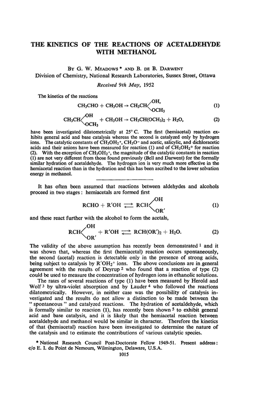 The kinetics of the reactions of acetaldehyde with methanol