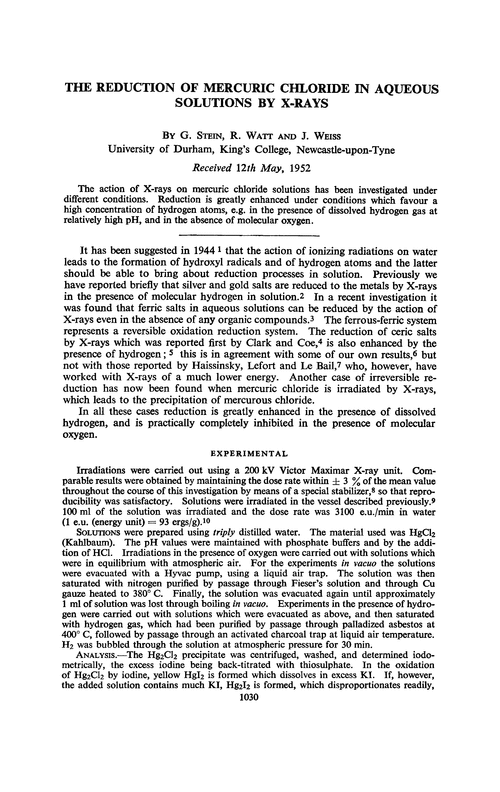 The reduction of mercuric chloride in aqueous solutions by X-rays