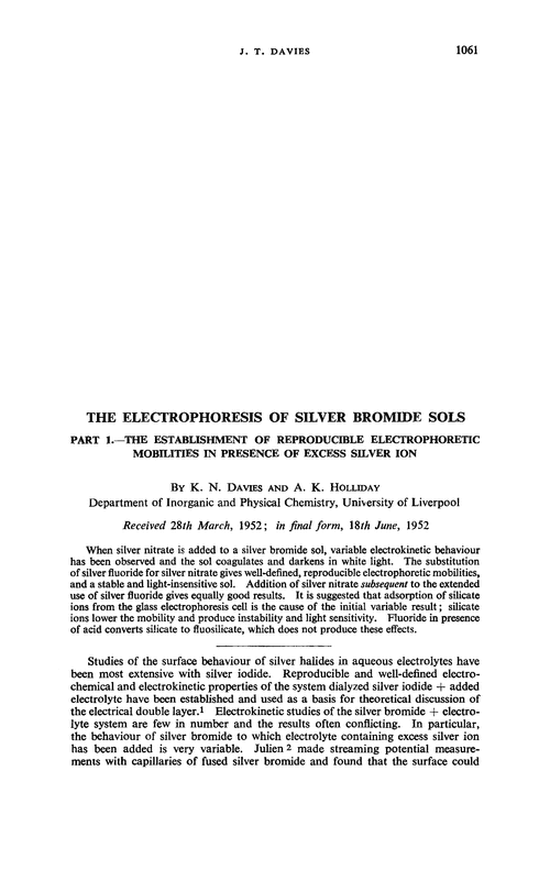 The electrophoresis of silver bromide sols. Part 1.—The establishment of reproducible electrophoretic mobilities in presence of excess silver ion