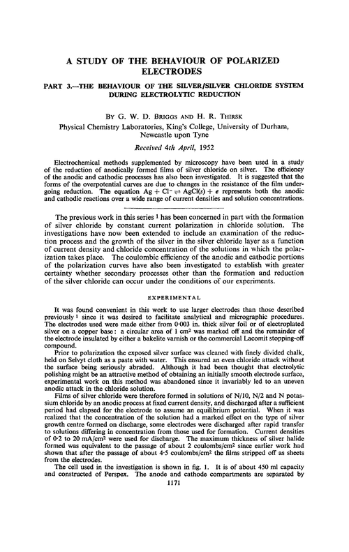 A study of the behaviour of polarized electrodes. Part 3.—The behaviour of the silver/silver chloride system during electrolytic reduction