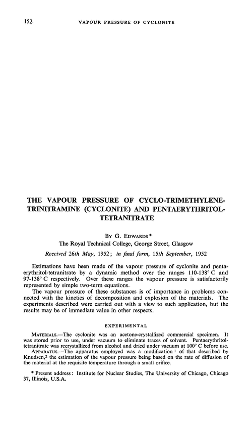 The vapour pressure of cyclo-trimethylene-trinitramine (cyclonite) and pentaerythritol-tetranitrate