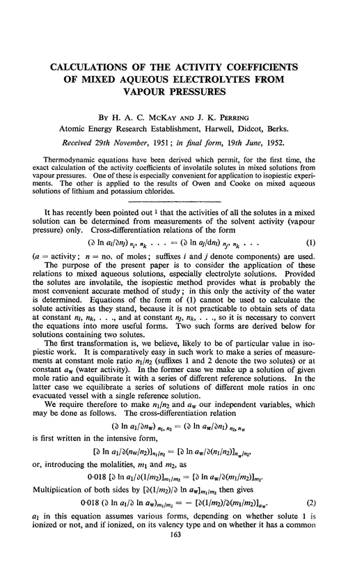 Calculations of the activity coefficients of mixed aqueous electrolytes from vapour pressures