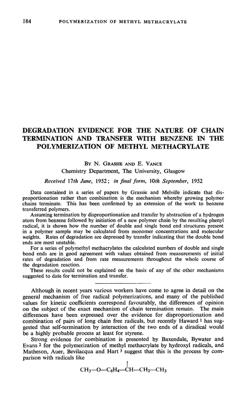 Degradation evidence for the nature of chain termination and transfer with benzene in the polymerization of methyl methacrylate